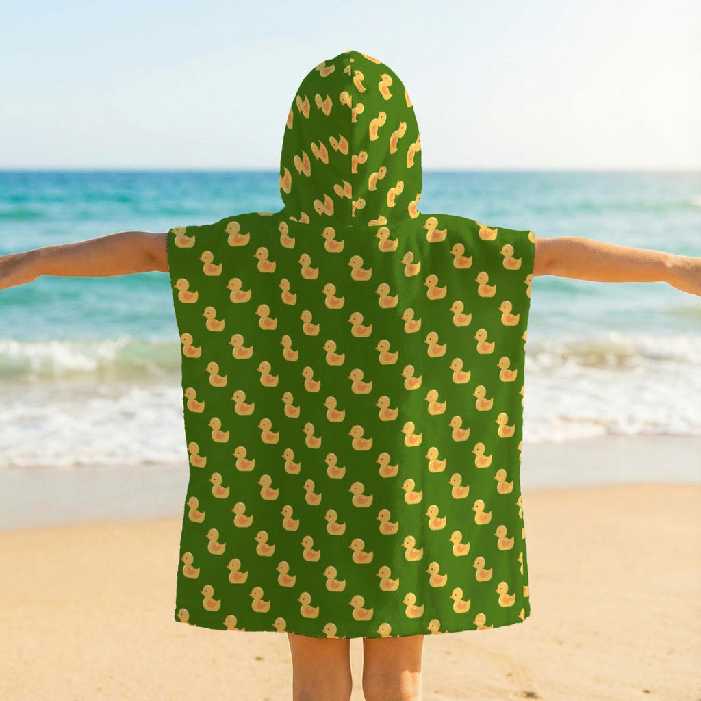 Yellow Rubber Ducks On Green Kid's Hooded Towel Poncho