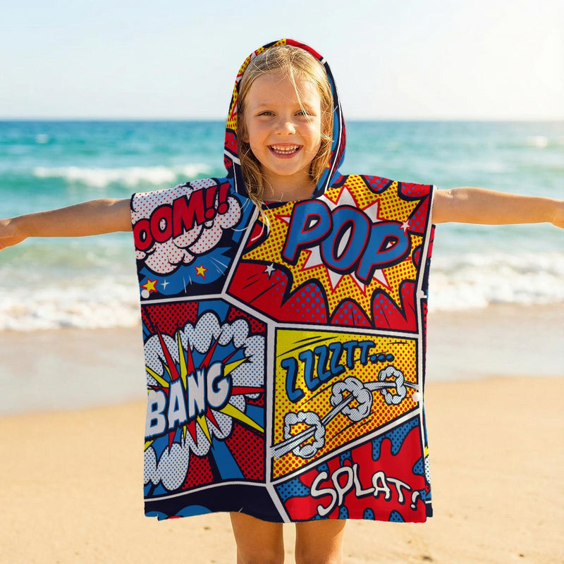 Comic Book Kid's Hooded Towel Poncho U White comic Printed Offshore