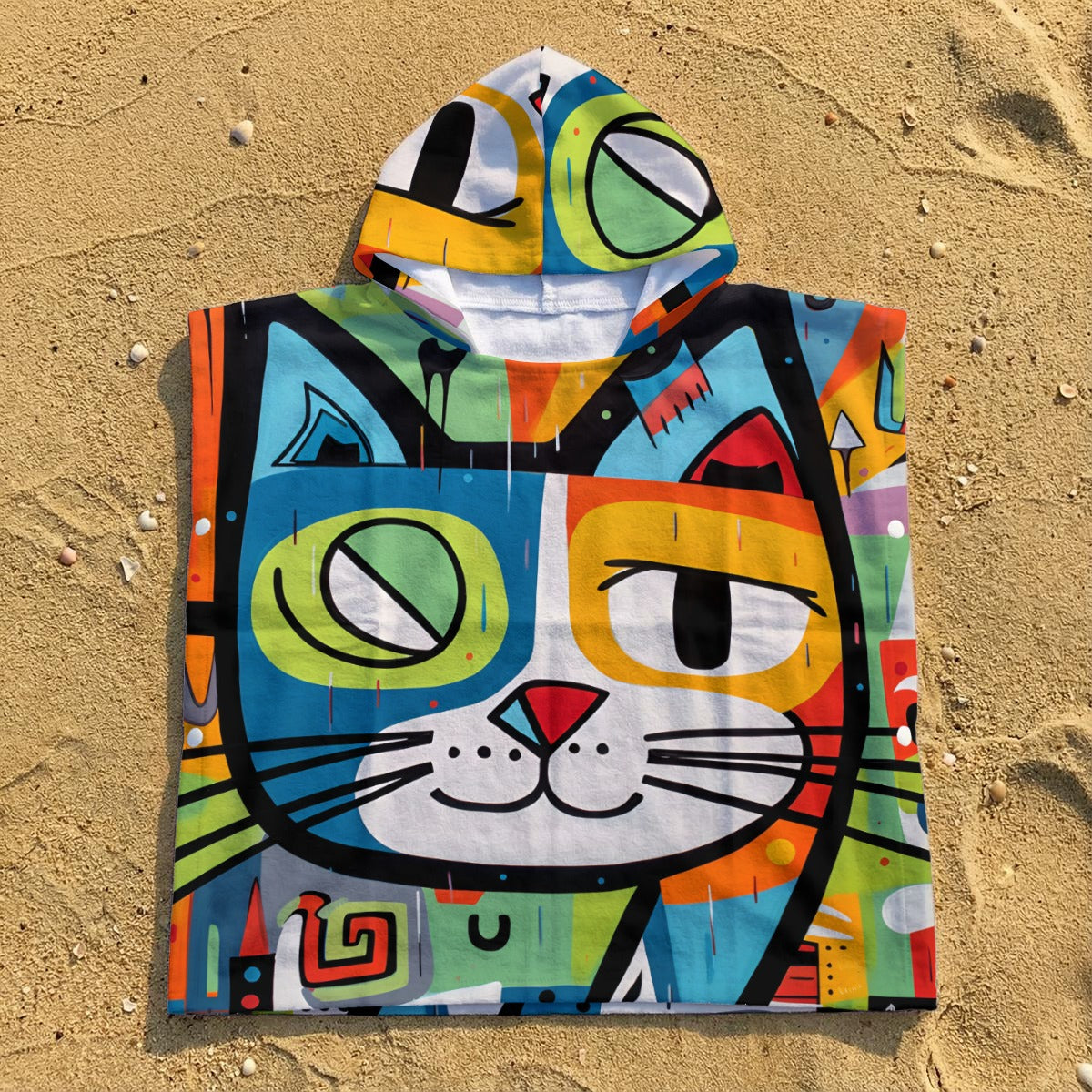 Bright Graffiti Cat Kid's Hooded Towel Poncho