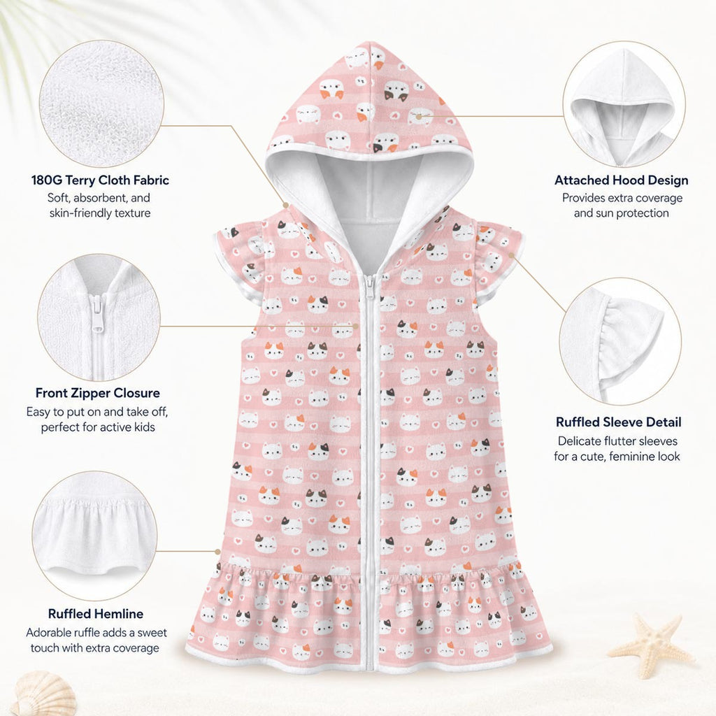 Pink Cats Girl's Hooded Beach Cover-Up