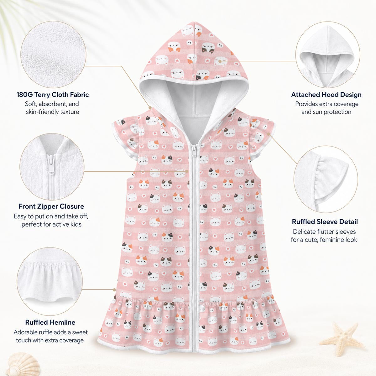 Pink Cats Girl's Hooded Beach Cover-Up