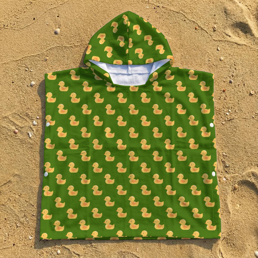 Yellow Rubber Ducks On Green Kid's Hooded Towel Poncho