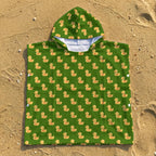 Yellow Rubber Ducks On Green Kid's Hooded Towel Poncho