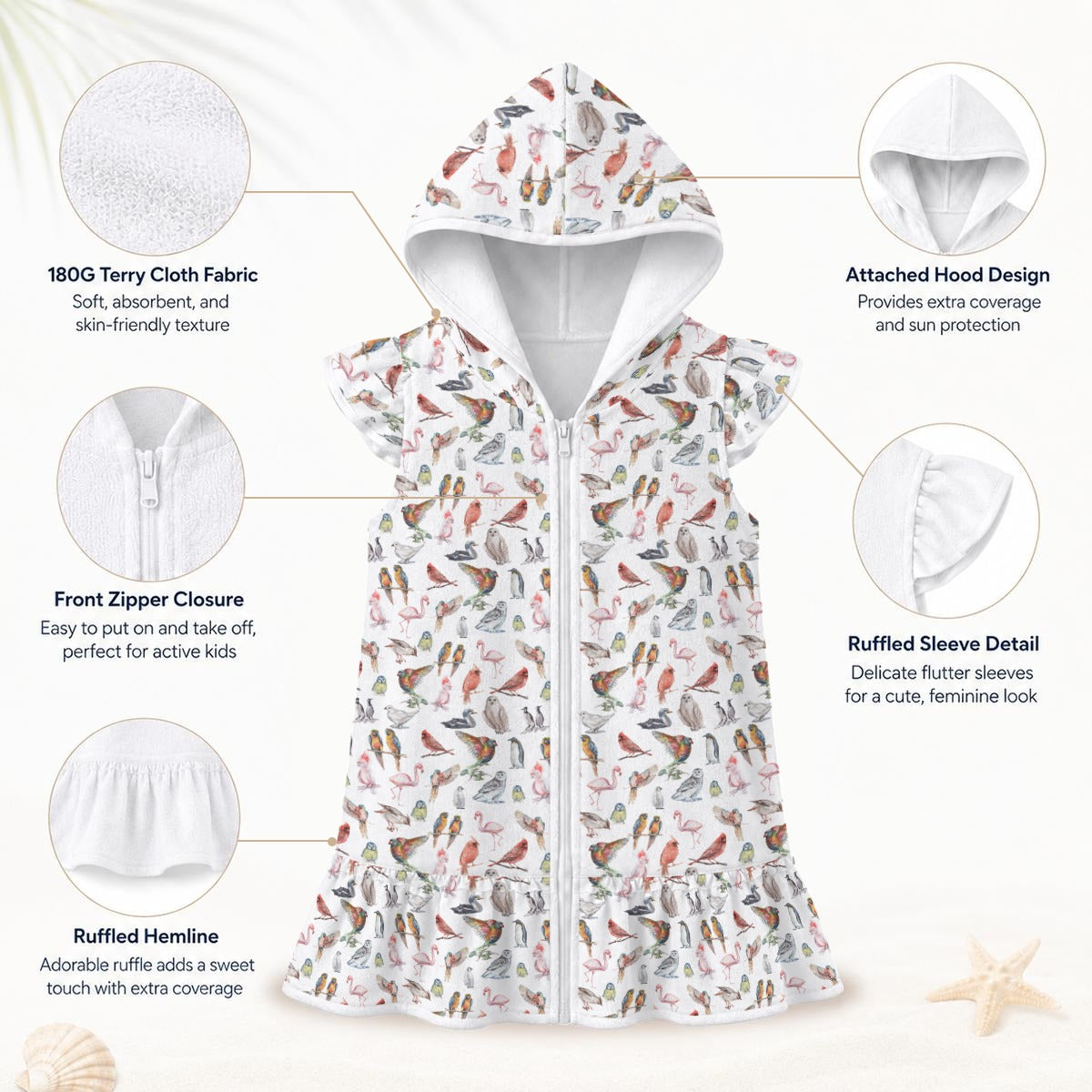 Birds Of A Feather Girl's Hooded Beach Cover-Up