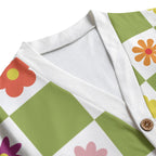 Flower Check Unisex V-neck Cardigan With Button Closure