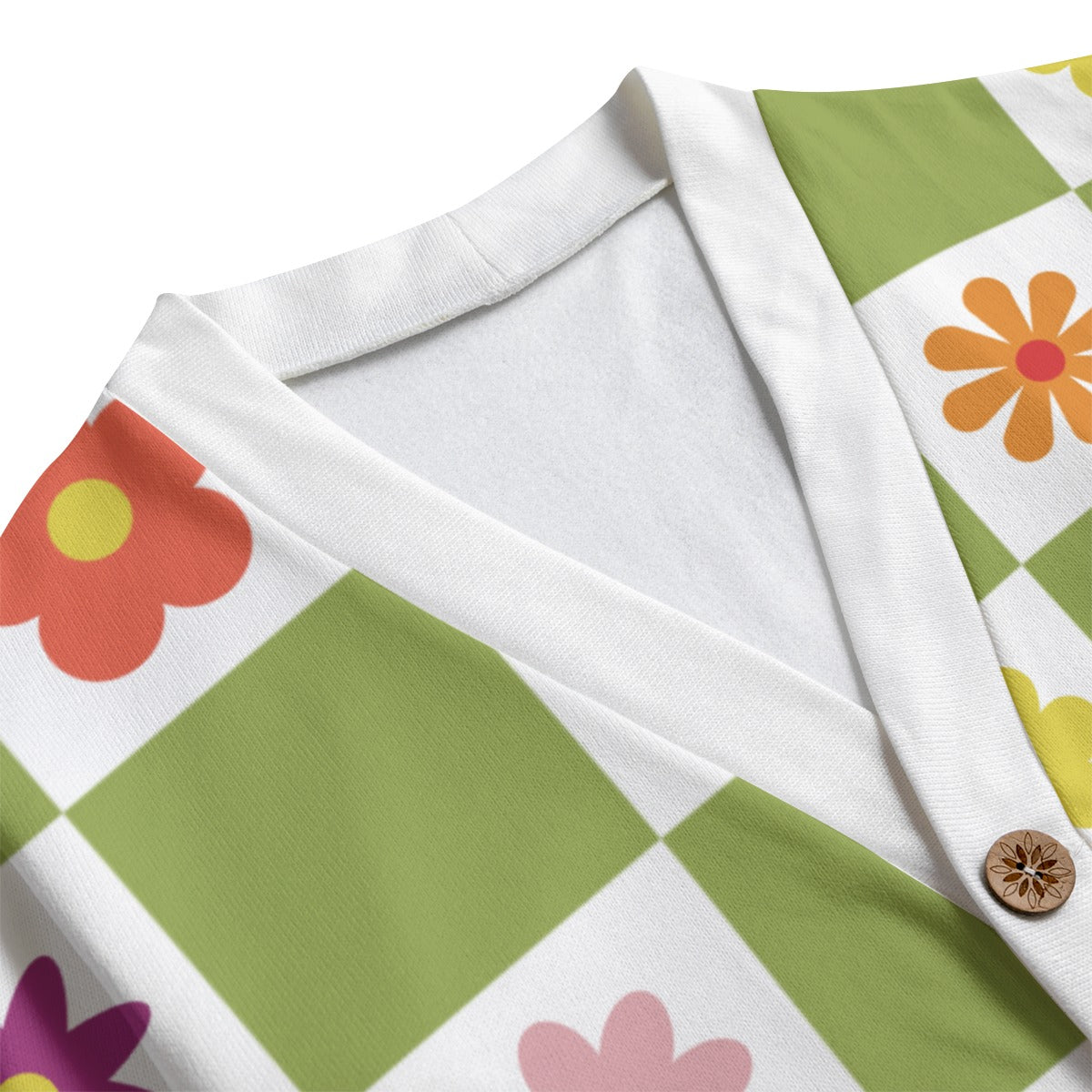 Flower Check Unisex V-neck Cardigan With Button Closure