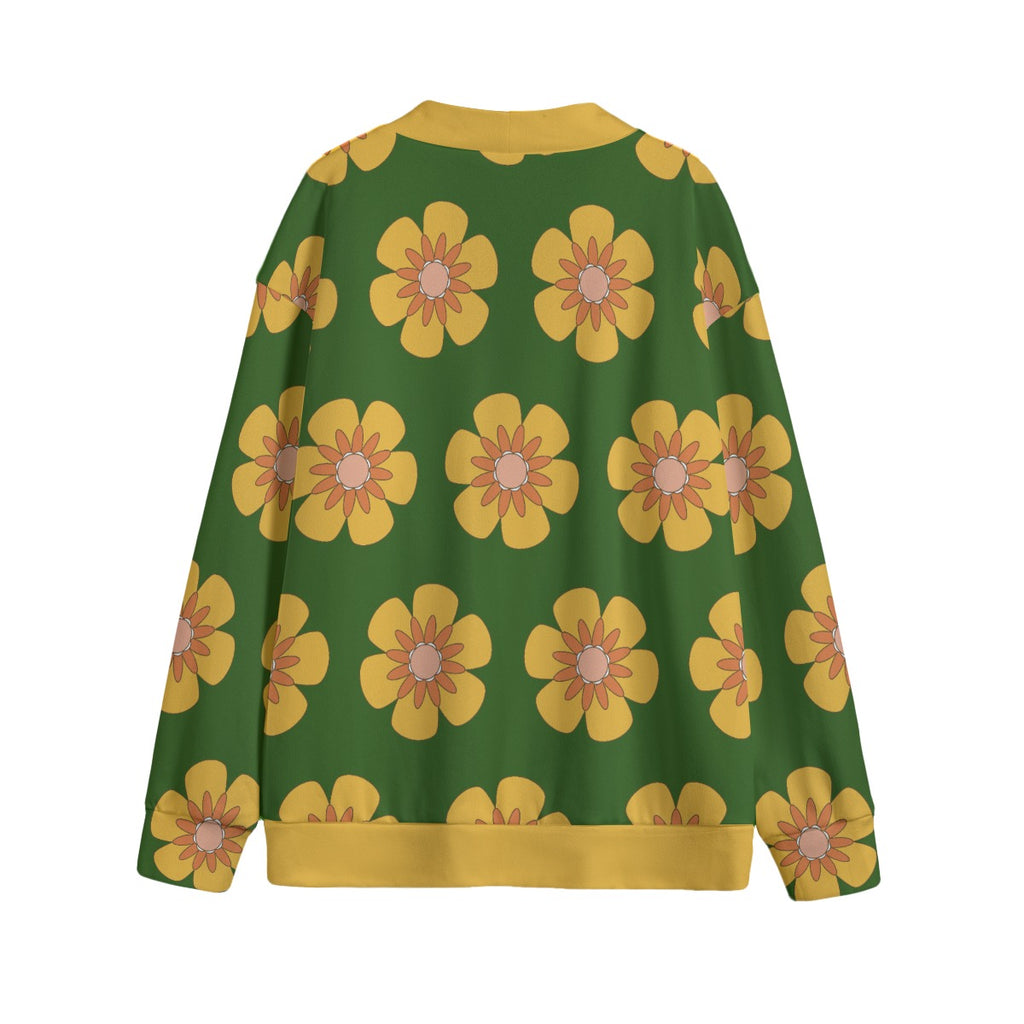 Yellow Flowers On Green Unisex V-neck Cardigan With Button Closure