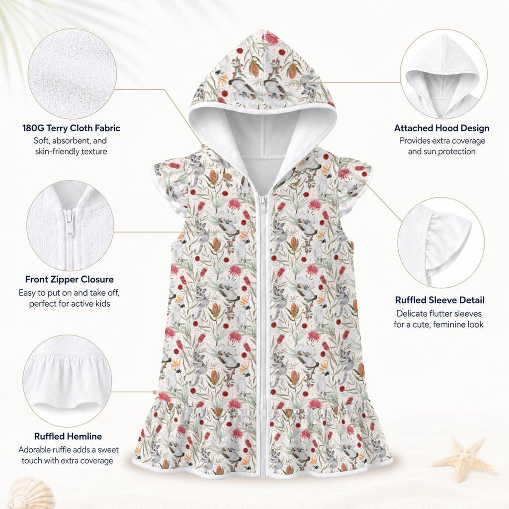 Australian Plants And Animals Girl's Hooded Beach Cover-Up
