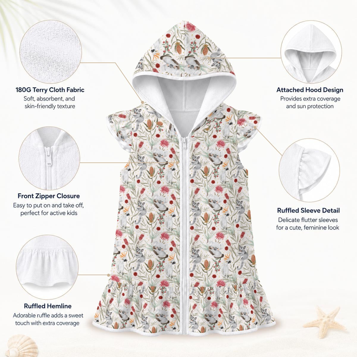 Australian Plants And Animals Girl's Hooded Beach Cover-Up
