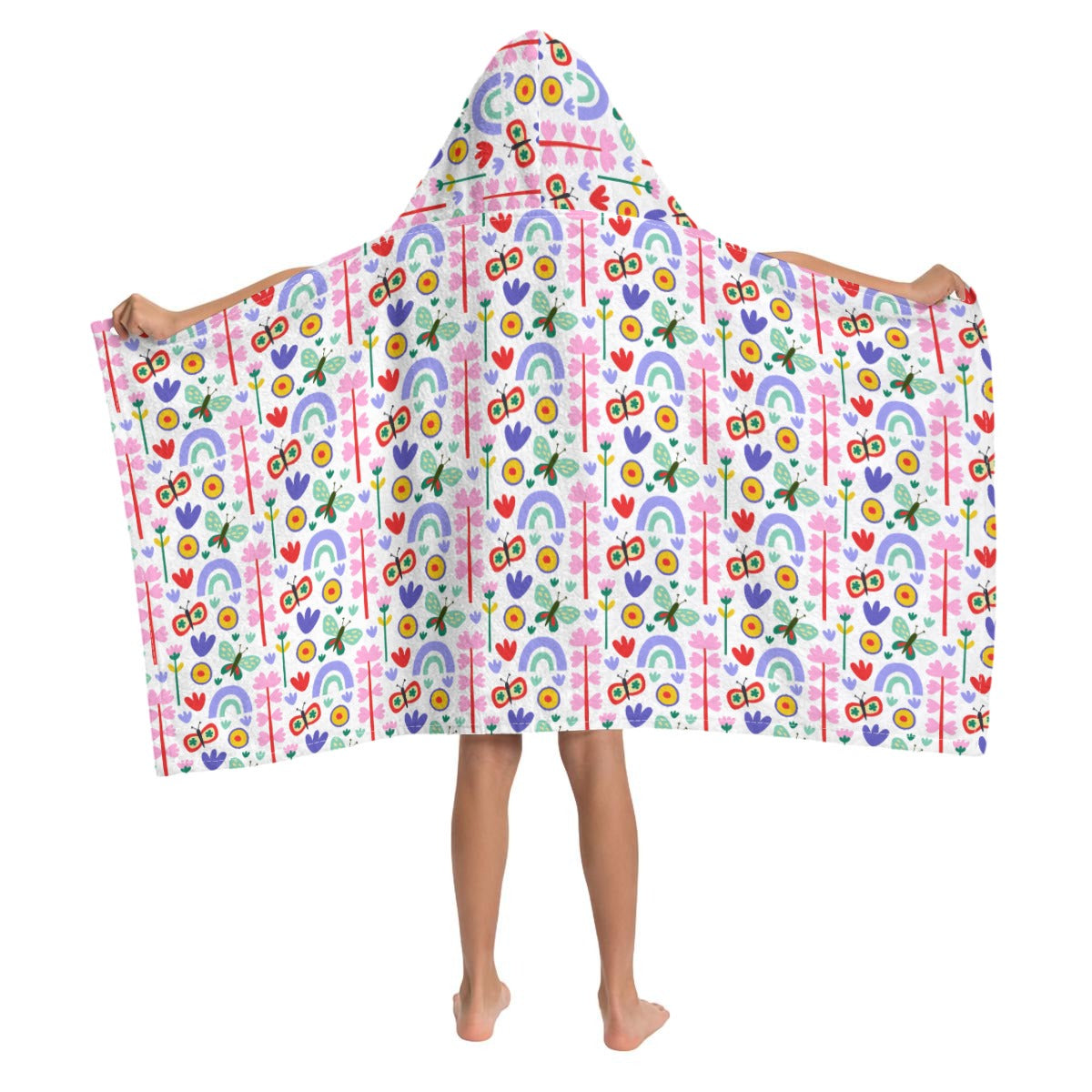Rainbows And Butterflies Kid's Wrap Hooded Towel Poncho|Horizontal