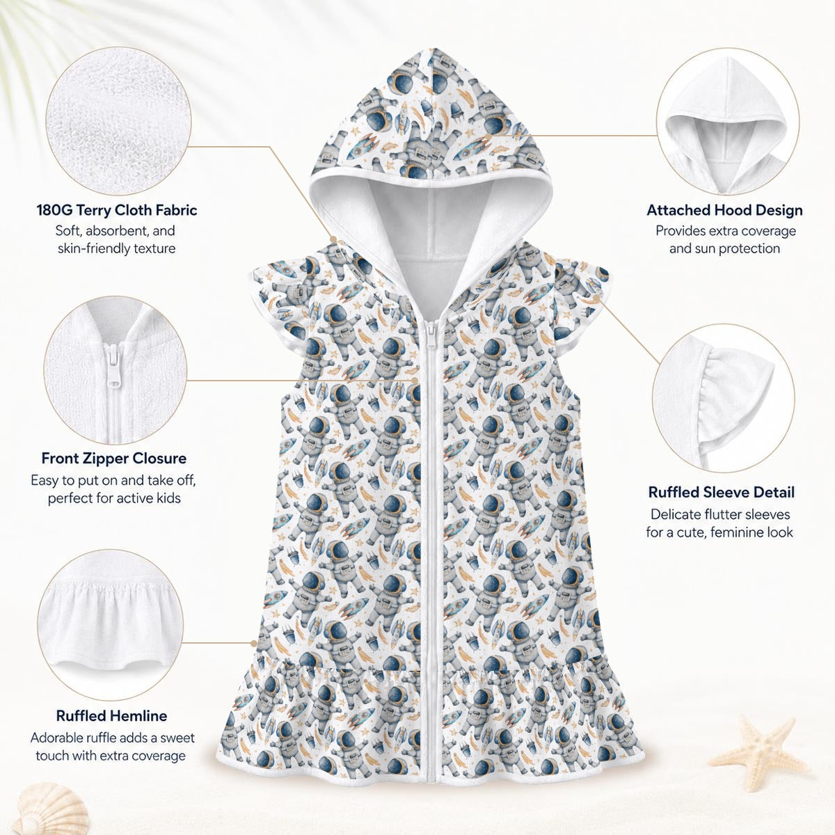 Astronauts And Rockets Girl's Hooded Beach Cover-Up