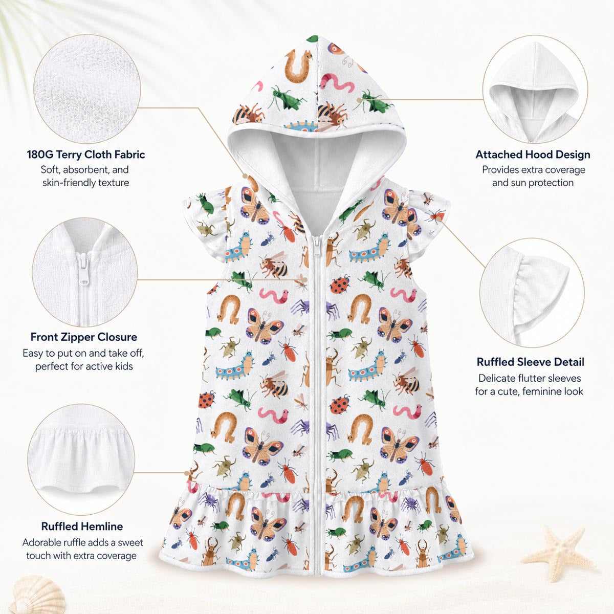 Cute Bugs Girl's Hooded Beach Cover-Up