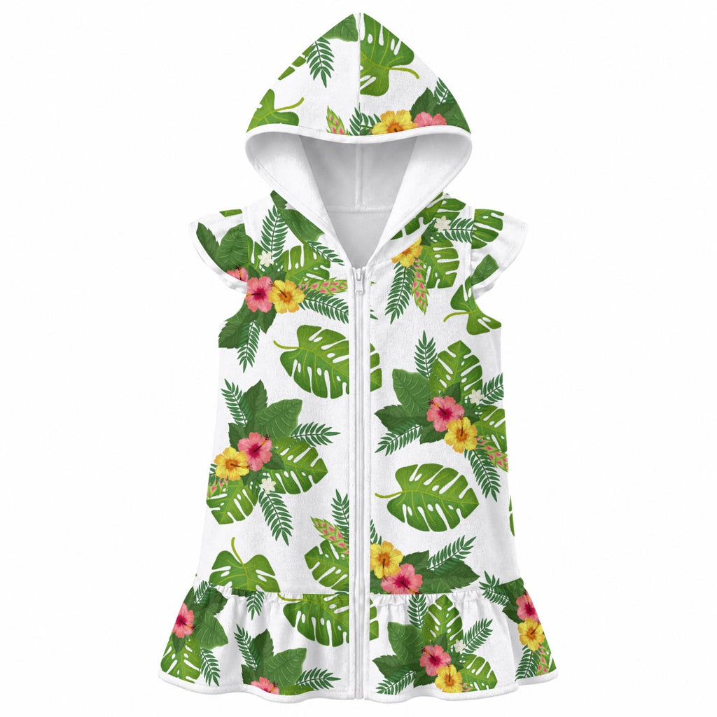 Hibiscus Tropical Leaves Girl's Hooded Beach Cover-Up