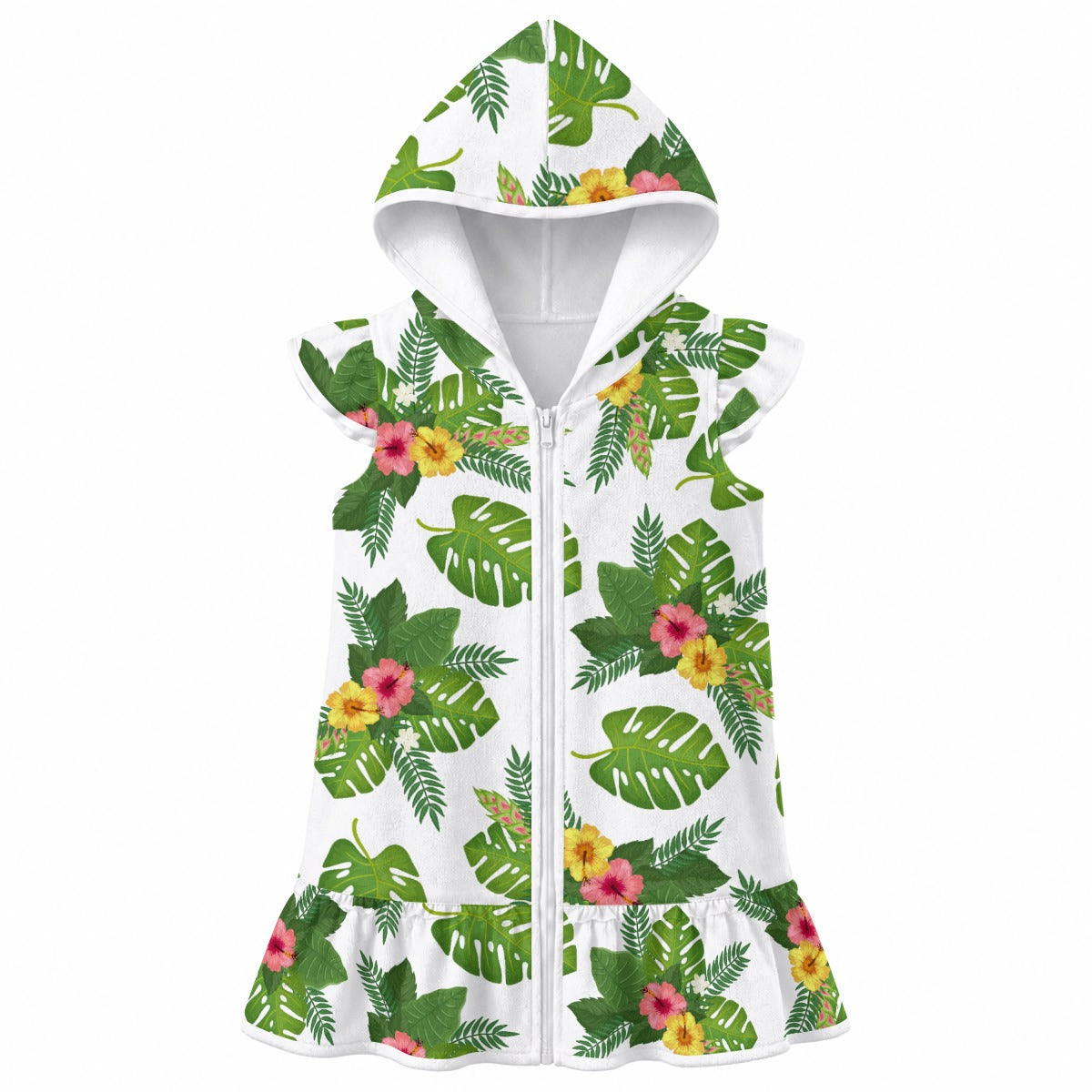 Hibiscus Tropical Leaves Girl's Hooded Beach Cover-Up