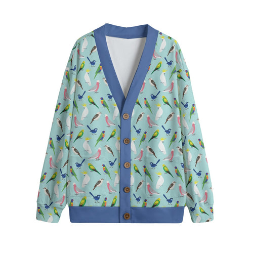 Australian Birds Unisex V-neck Cardigan With Button Closure White Cardigan animal Australia Birds Printed Offshore