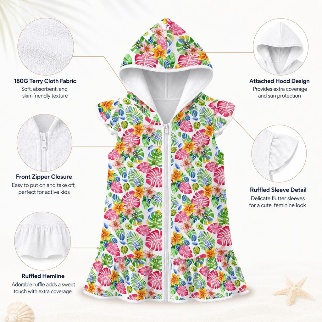 Bright Painted Tropical Girl's Hooded Beach Cover-Up