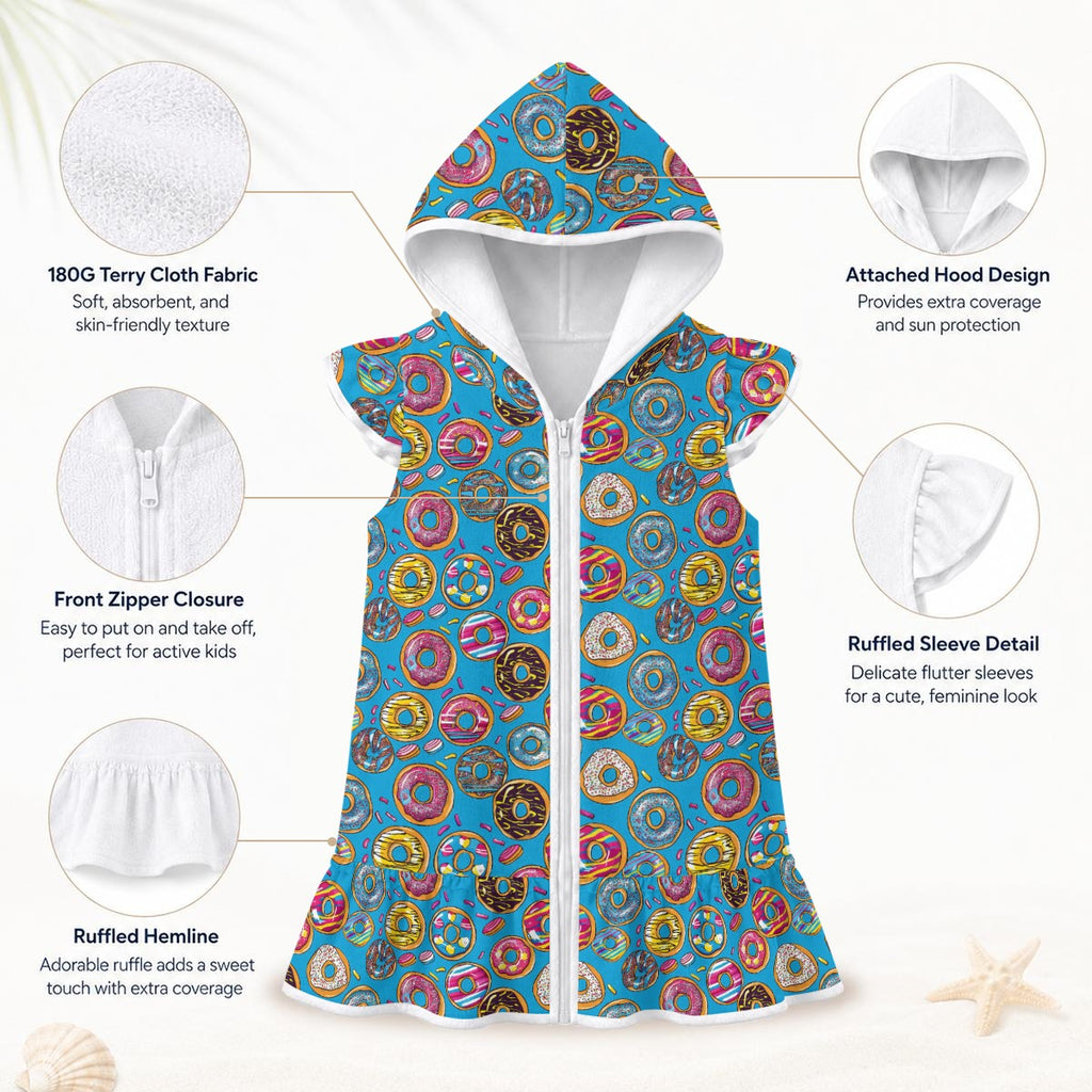 Doughnuts On Blue Girl's Hooded Beach Cover-Up