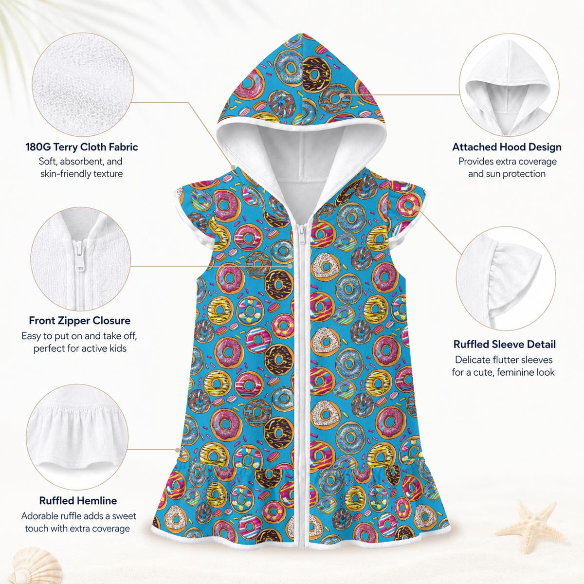 Doughnuts On Blue Girl's Hooded Beach Cover-Up