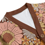 Orange Retro Floral Unisex V-neck Cardigan With Button Closure