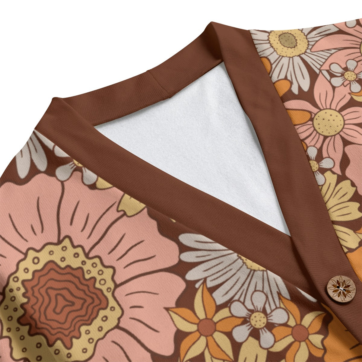 Orange Retro Floral Unisex V-neck Cardigan With Button Closure