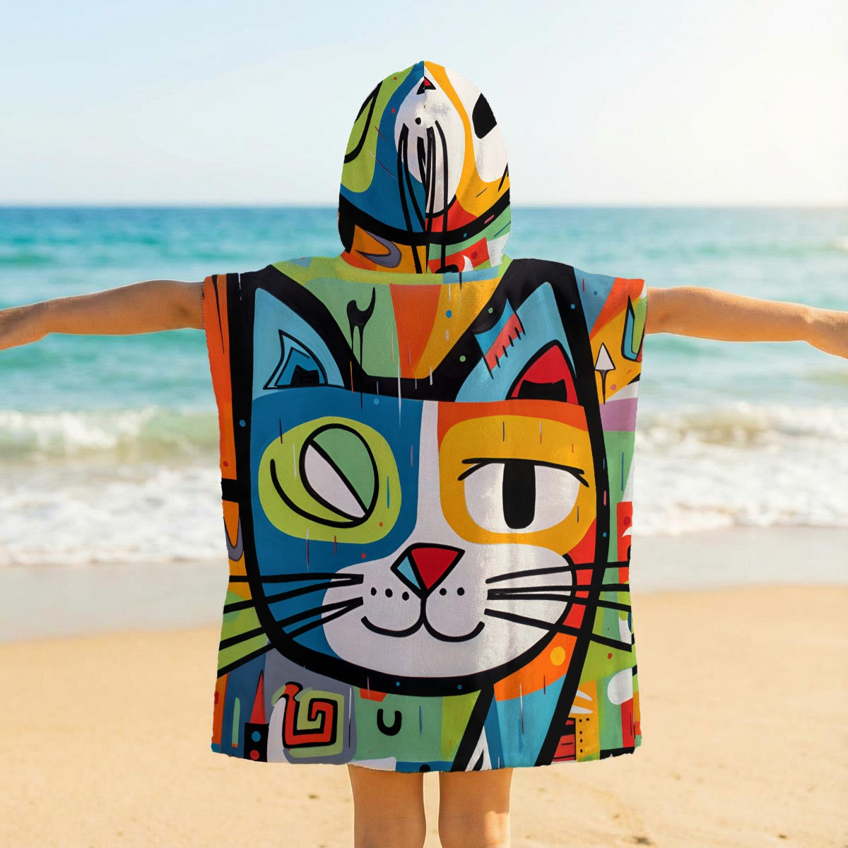 Bright Graffiti Cat Kid's Hooded Towel Poncho