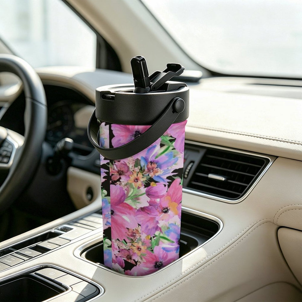 Bright Pink Floral 20oz Tea Tumbler with Carry Handle