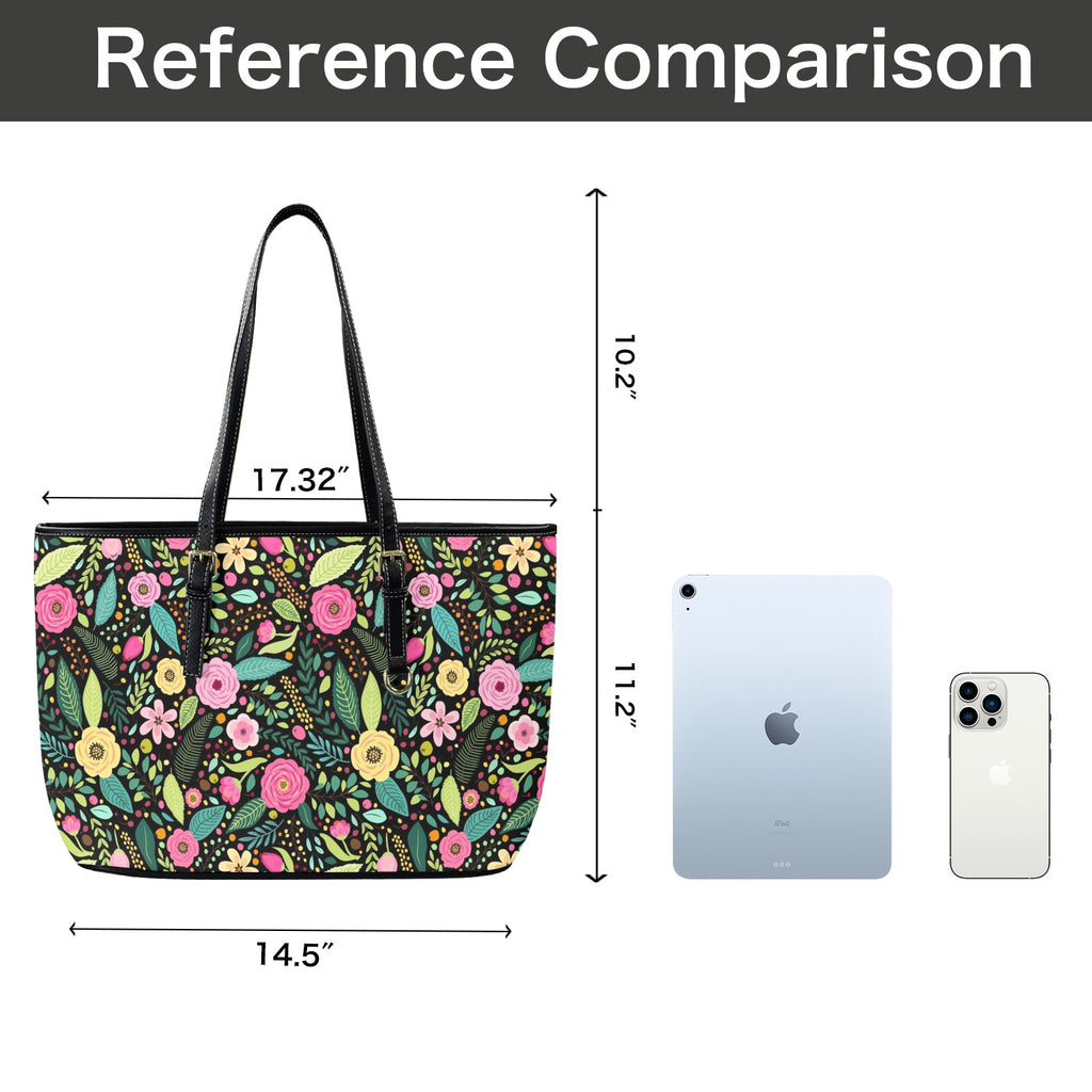 Bright Floral And Leaves PU Leather Tote Bag Large