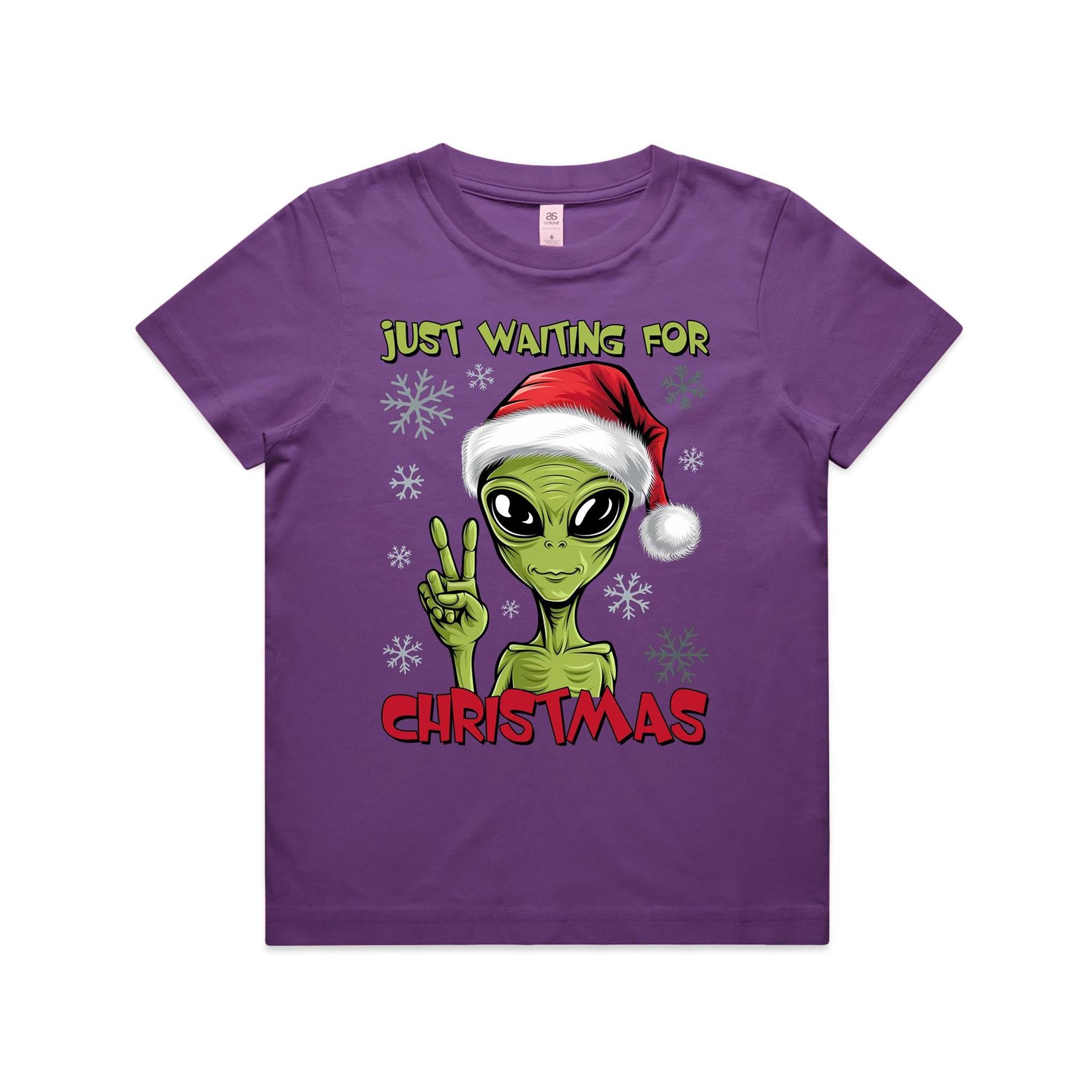 Just Waiting For Christmas, Alien - Kids Youth T-shirt Purple Kids Christmas T-shirt Christmas Printed In Australia