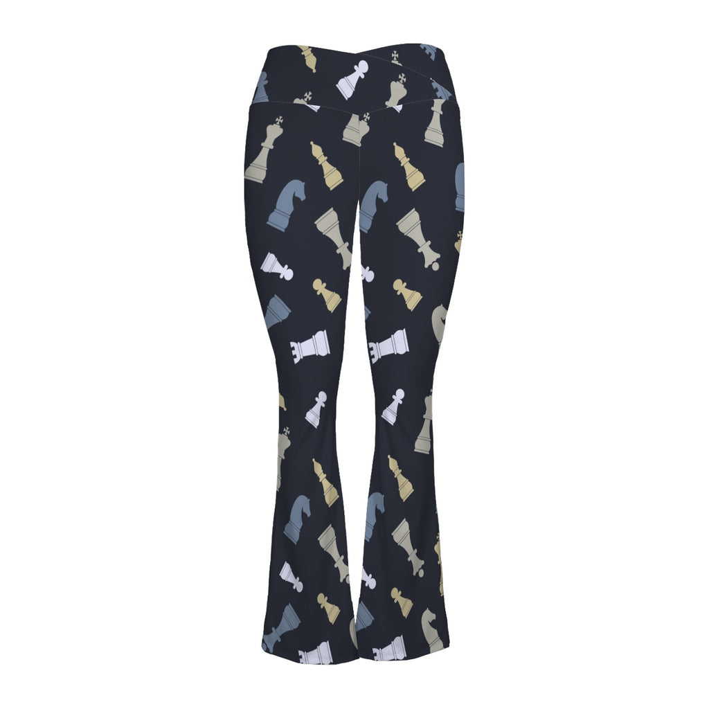 Chess Pattern - High Waist Crossover Tummy Control Flare Leggings High Waist Flare Leggings Chess Games Printed Offshore