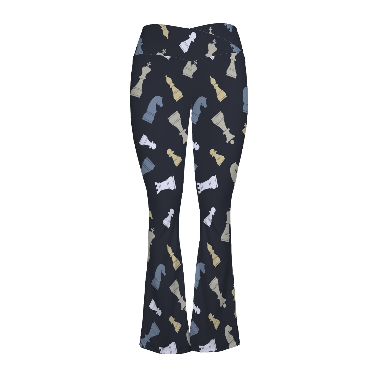 Chess Pattern - High Waist Crossover Tummy Control Flare Leggings High Waist Flare Leggings Chess Games Printed Offshore