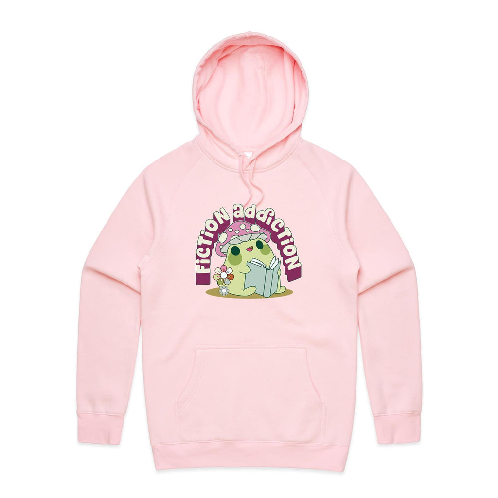 Fiction Addiction - Mens Hoodie Pink Mens Hoodie Printed In Australia Reading