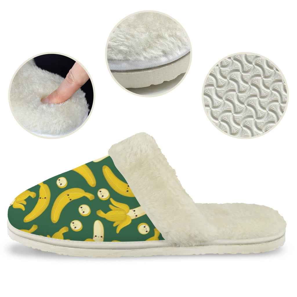Happy Bananas Men's Fur Trim Thick-Sole Indoor Slippers Men's Fur Trimmed Slippers Food Printed Offshore
