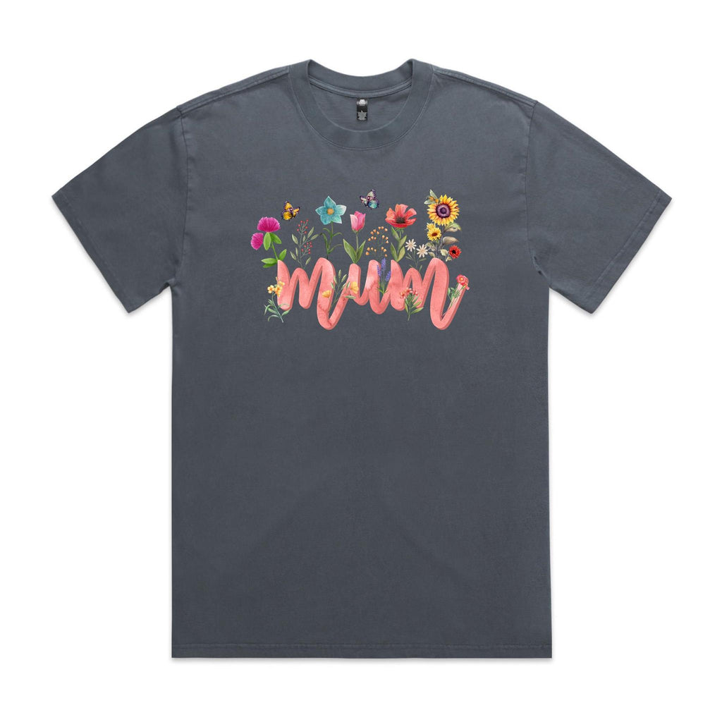 Mum, Flowers AS Colour Heavy Faded Tee Unisex Faded indigo Heavy Faded T-shirt Mum Printed In Australia