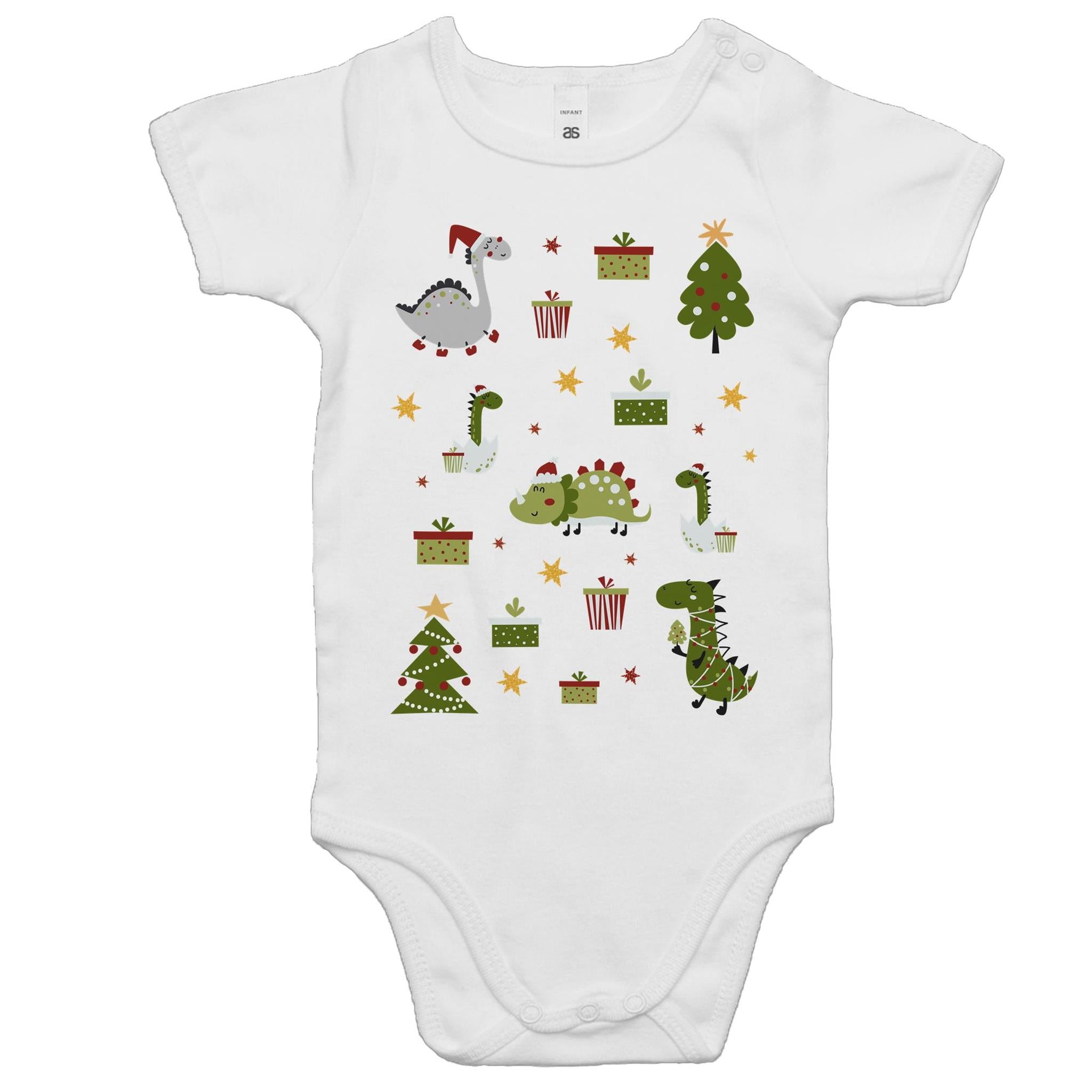 Cute Christmas Dinosaurs - Baby Bodysuit White Baby Christmas Bodysuit Christmas Printed In Australia