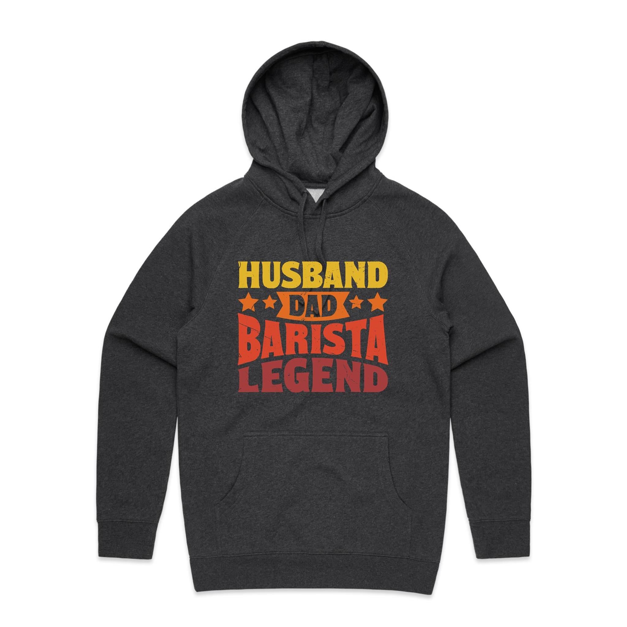 Husband, Dad Barista, Legend Men's AS Colour Hoodie Asphalt Marle Mens Hoodie Coffee Dad Printed In Australia