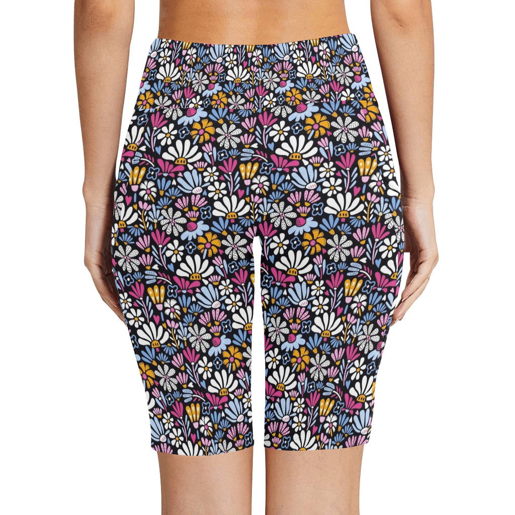 Graphic Flowers On Black Women's Bike Shorts With Side Pockets Women's Bike Shorts Plants Printed Offshore