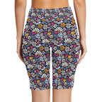 Graphic Flowers On Black Women's Bike Shorts With Side Pockets Women's Bike Shorts Plants Printed Offshore