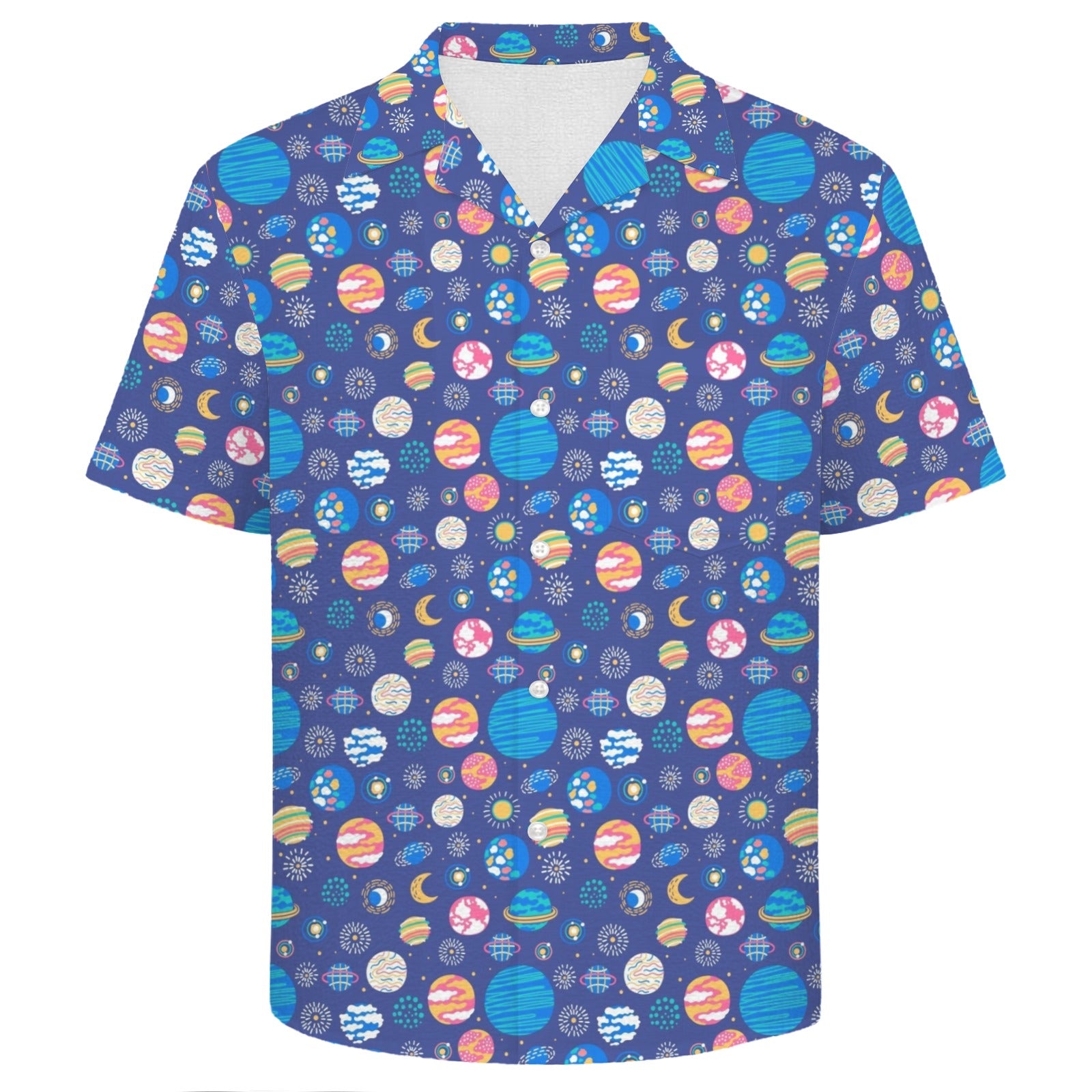 Planets On Blue Men's Crinkle Hawaiian Shirt