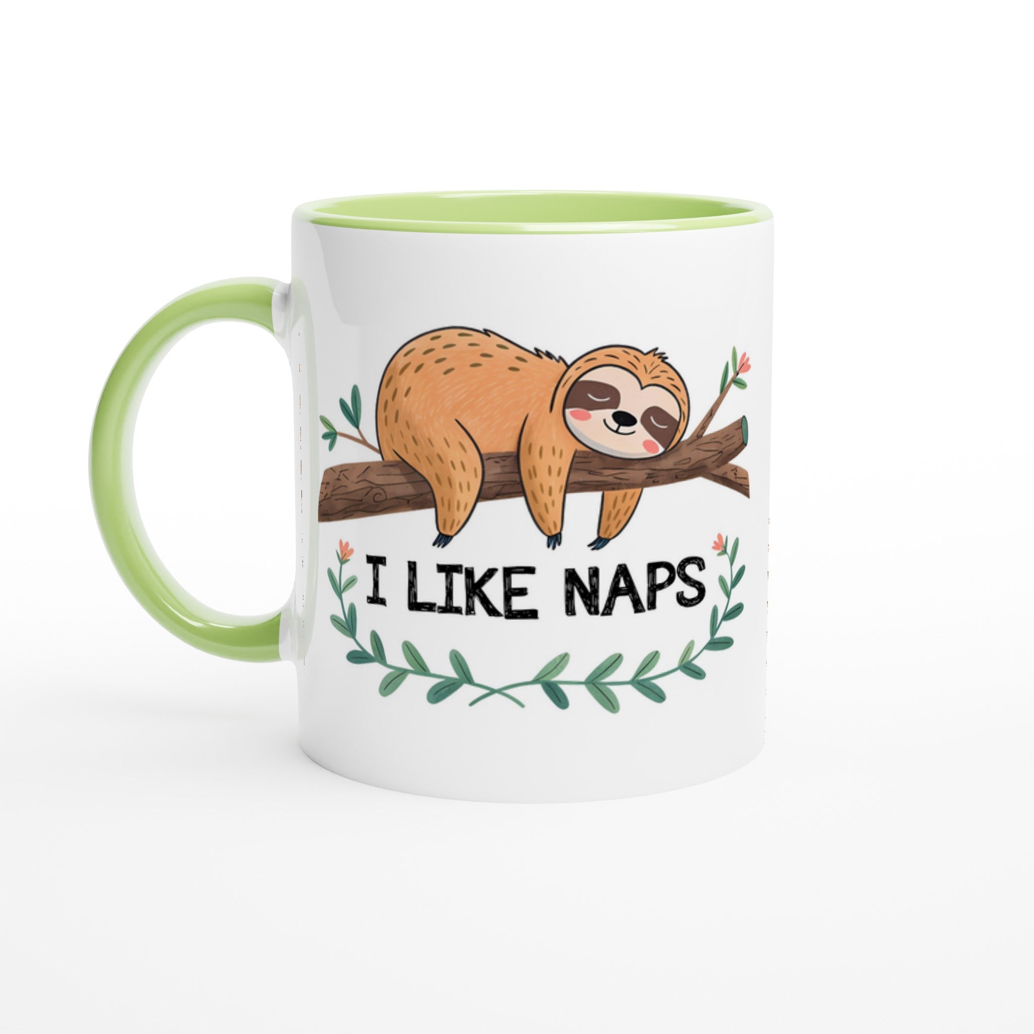 Sloth, I Like Naps - White 11oz Ceramic Mug with Colour Inside Ceramic Green Colour 11oz Mug animal Globally Fulfilled