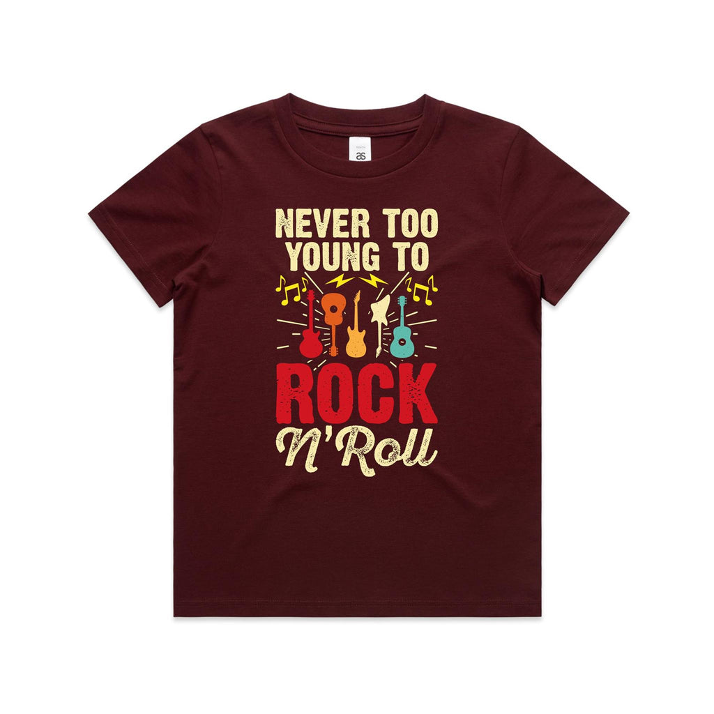 Never Too Young To Rock N Roll Kid's AS Colour T-shirt Burgundy Kids Youth T-shirt Music Printed In Australia