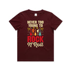 Never Too Young To Rock N Roll Kid's AS Colour T-shirt Burgundy Kids Youth T-shirt Music Printed In Australia