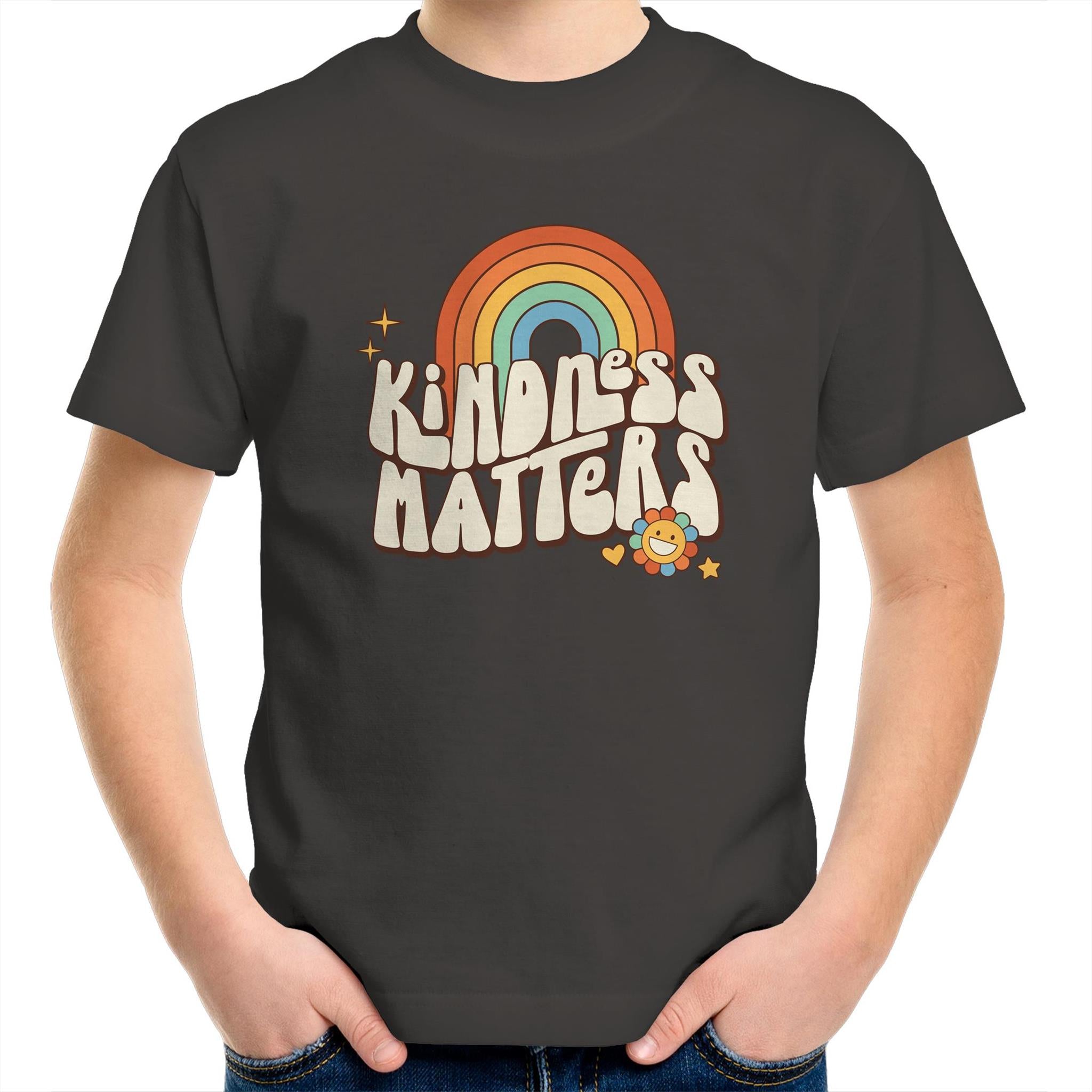 Kindness Matters - Kids Youth T-Shirt Charcoal Kids Youth T-shirt Kindness Positivity Printed In Australia Retro