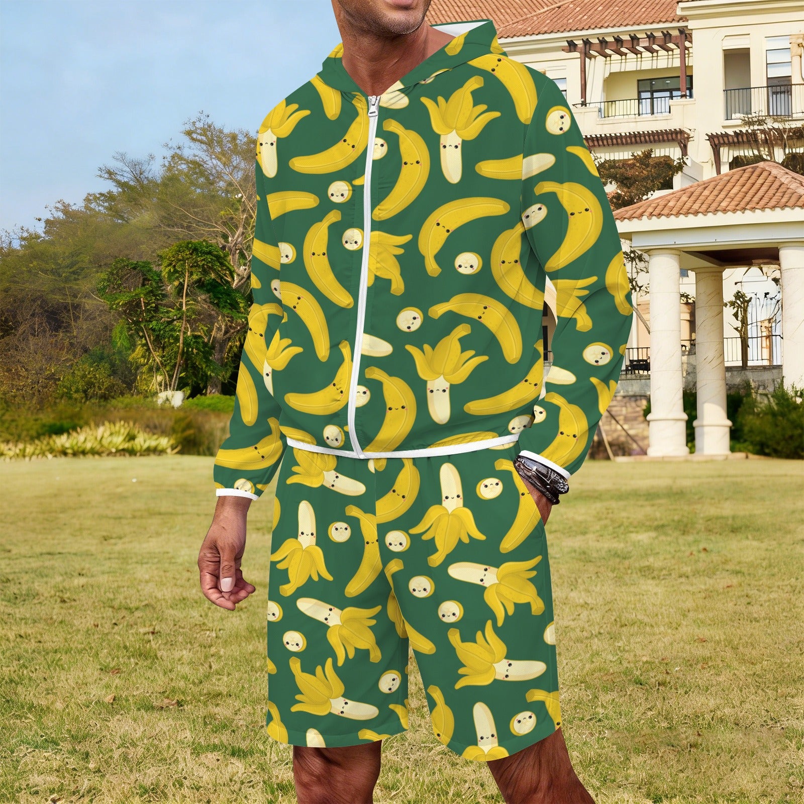 Happy Bananas Men's Lightweight Sun Hoodie & Shorts Set Men's Lightweight Sun Hoodie & Shorts Food Printed Offshore