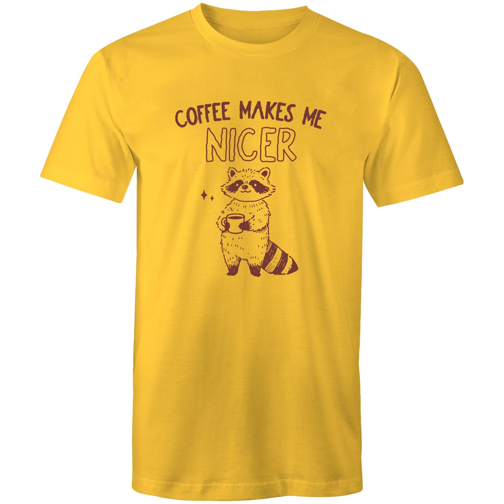 Coffee Makes Me Nicer - Mens T-Shirt Yellow Mens T-shirt animal Coffee Printed In Australia