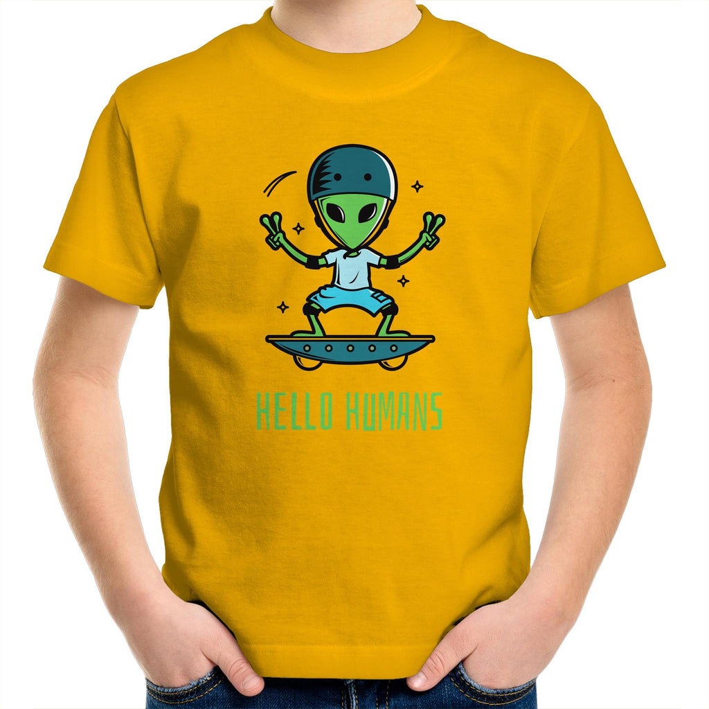 Hello Humans, Alien - Kids Youth T-Shirt Gold Kids Youth T-shirt Printed In Australia Sci Fi