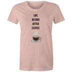Life Begins After Coffee - Womens T-shirt Pale Pink Womens T-shirt Coffee Printed In Australia