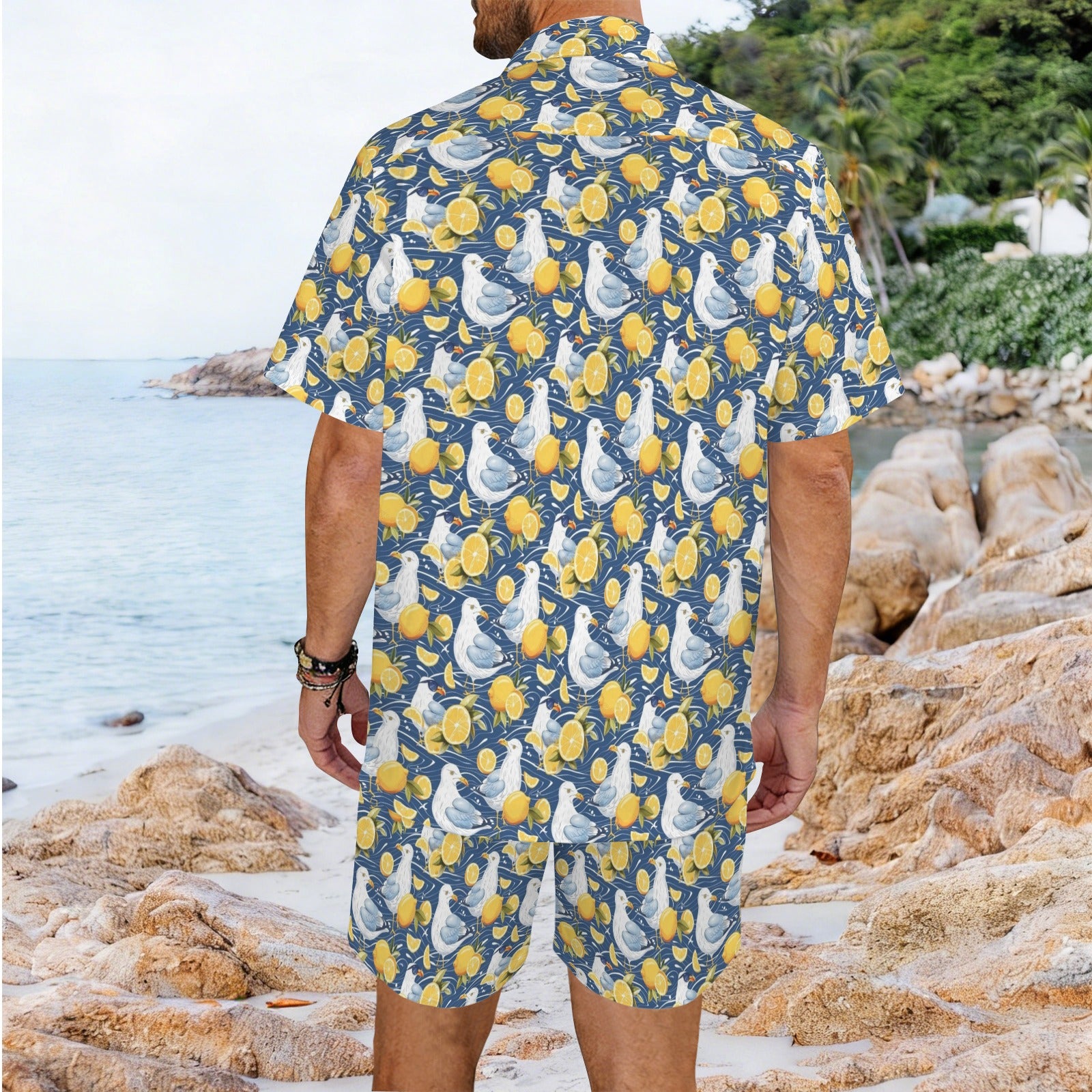 Lemon Seagull Men's Hawaiian Shirt & Shorts Set Men's Hawaiian Shirt & Shorts Set animal Printed Offshore