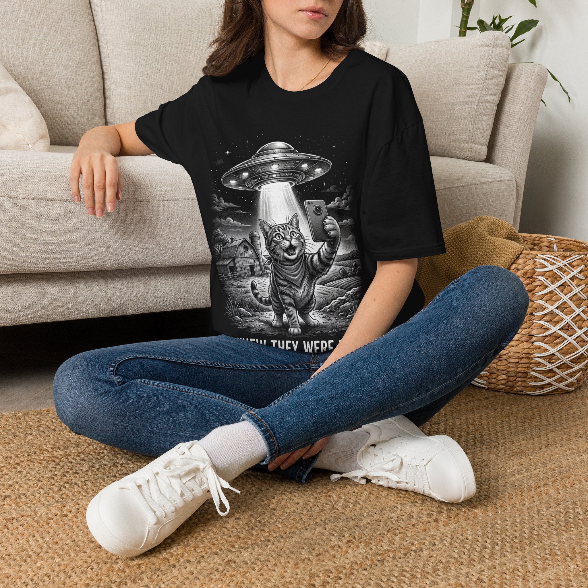 Cat Selfie Under UFO Unisex T-Shirt Unisex Adult T-shirt animal Globally Fulfilled Sci Fi