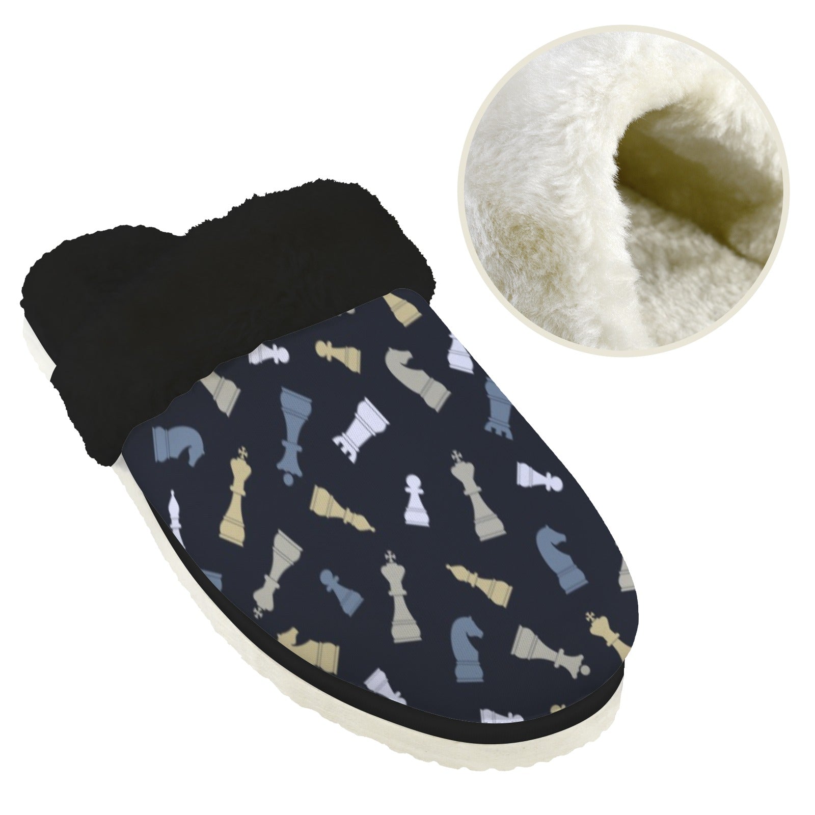 Chess Pattern Women's Fur Trim Thick-Sole Indoor Slippers Women's Fur Trimmed Slippers Chess Games Printed Offshore