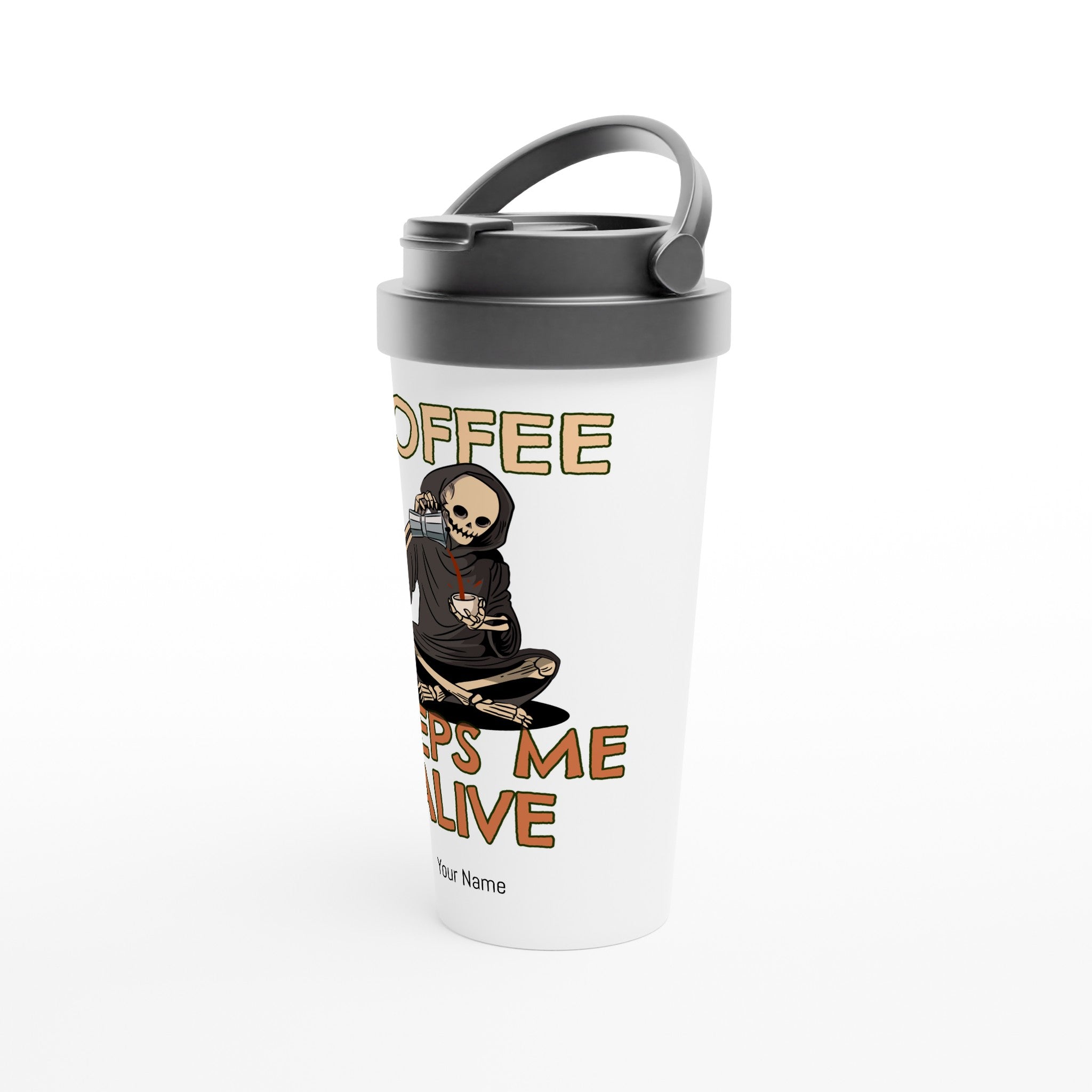 Personalised - Coffee Keeps Me Alive, Skeleton - White 15oz Stainless Steel Travel Mug Personalised Travel Mug Coffee Customise Globally Fulfilled Personalise